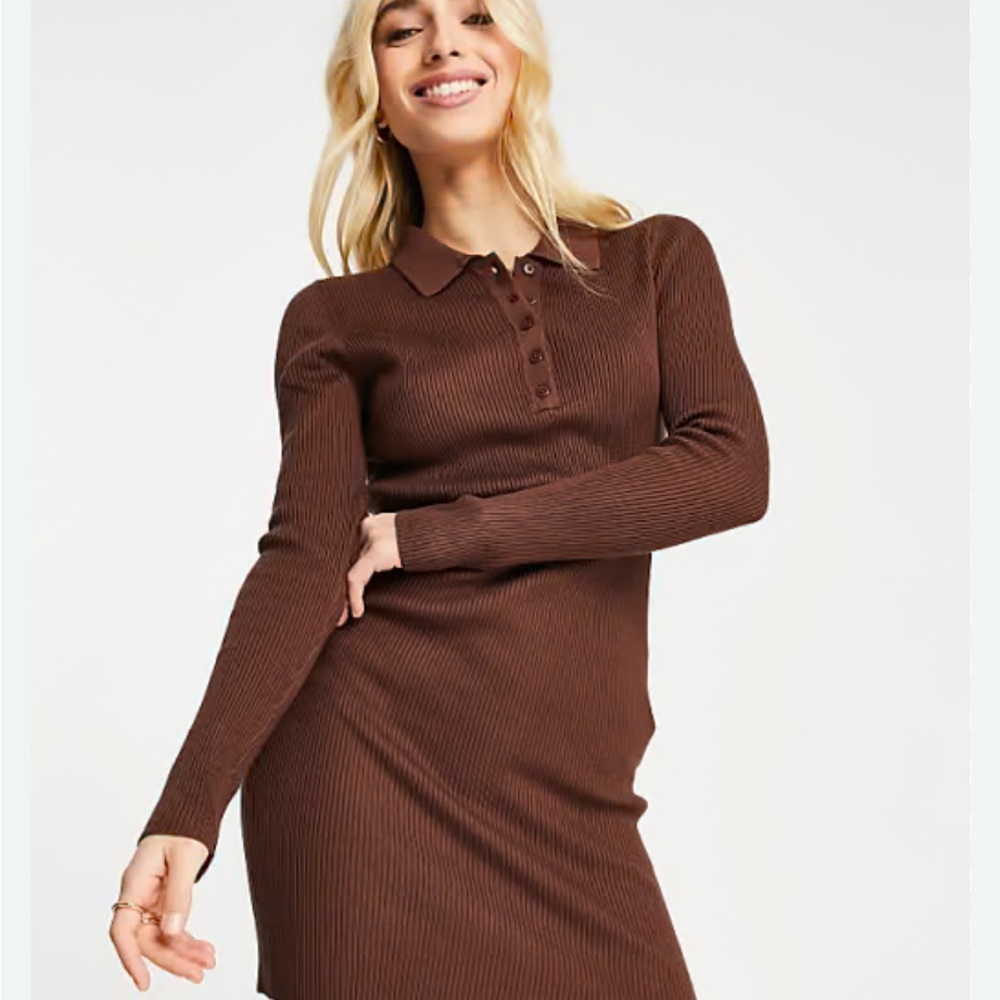 Stradivarius Chocolate Brown Ribbed Mini Dress